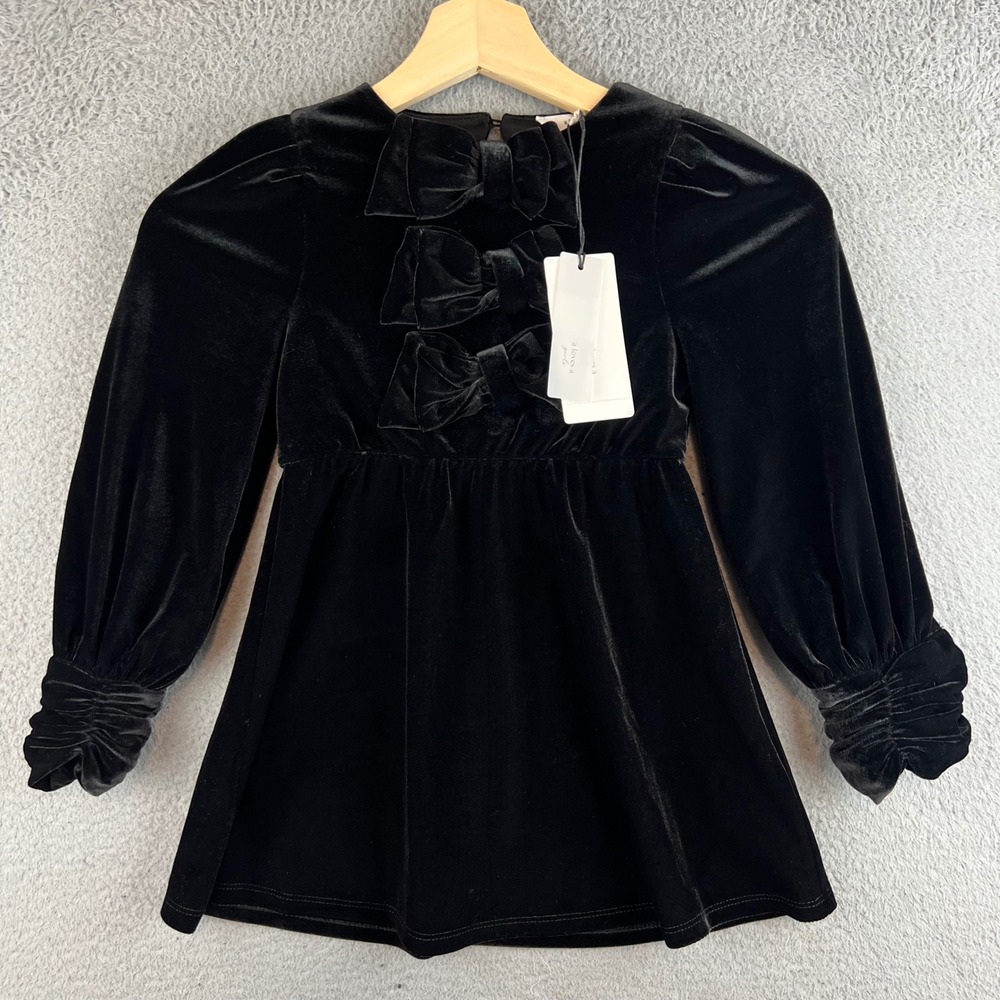 A Loves A Girls Black Velvet Bow Front Long Sleeve Dress Kids Size 5 NWT